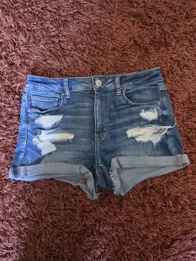 American Eagle Outfitters Distressed Rolled-Cuff Denim Shorts - Blue